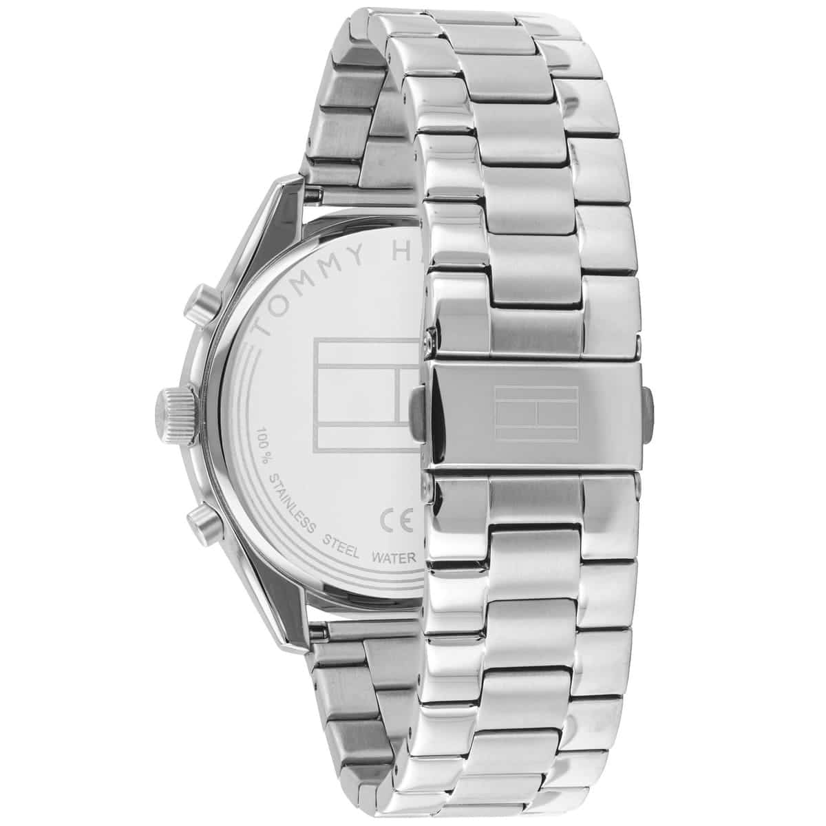 Caseback view of Tommy Hilfiger Bennett watch showing stainless steel case back and bracelet