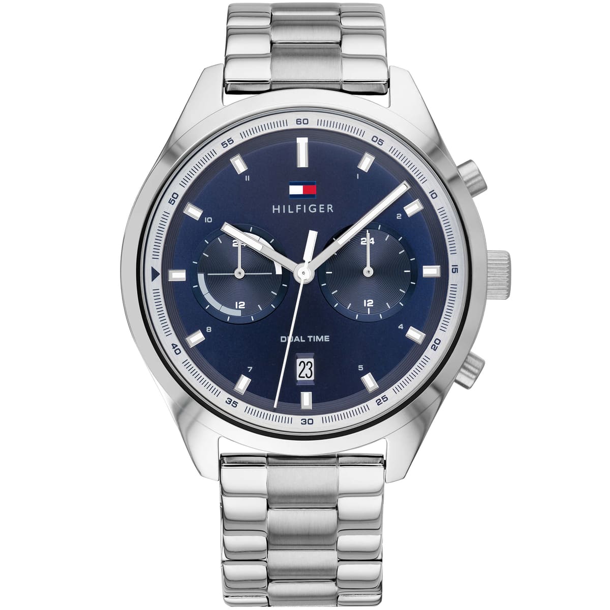 Tommy Hilfiger Bennett men's watch with blue dial, stainless steel case and bracelet, chronograph subdials, white hands and indices