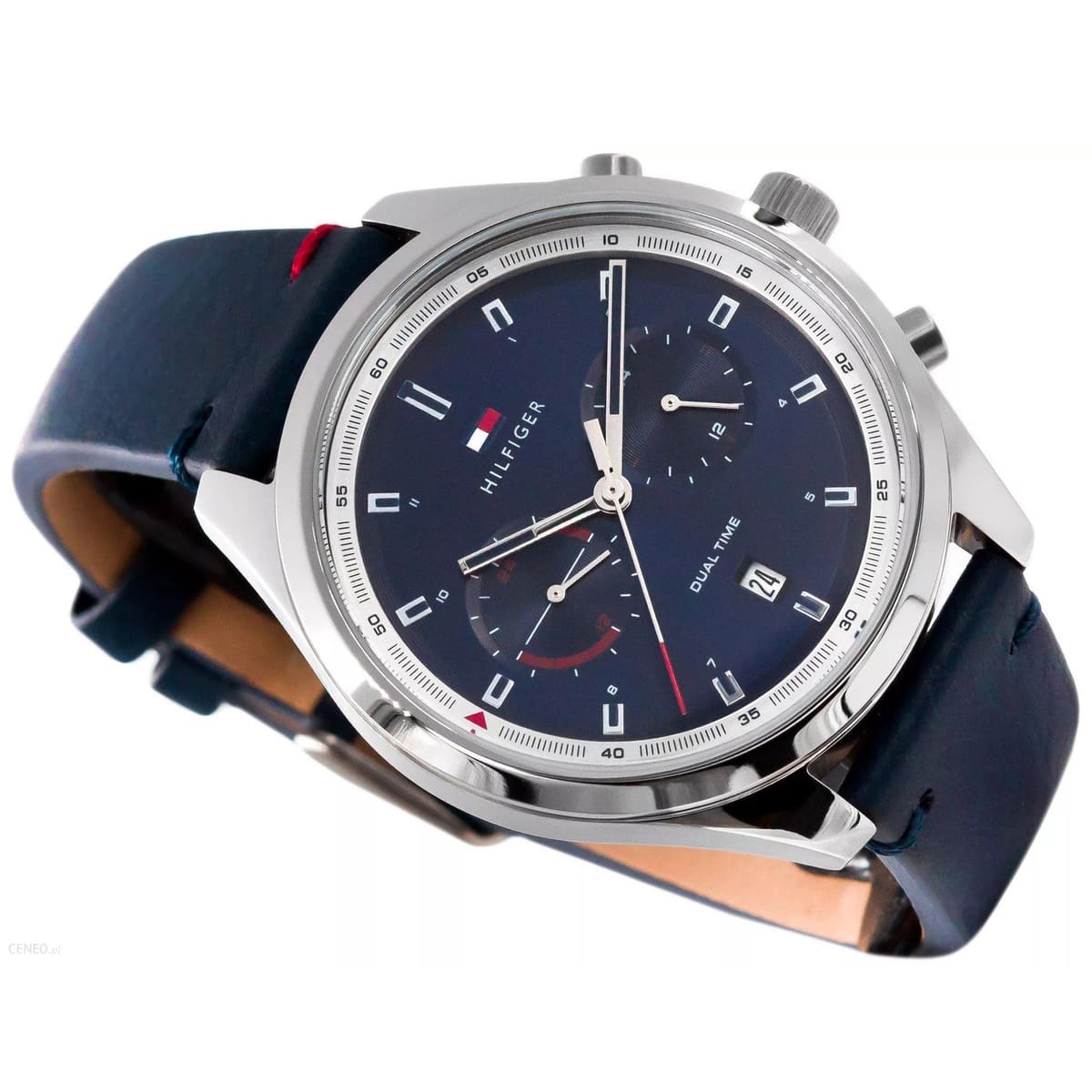 Tommy Hilfiger chronograph watch three-quarter angle view with dual time subdials on blue dial