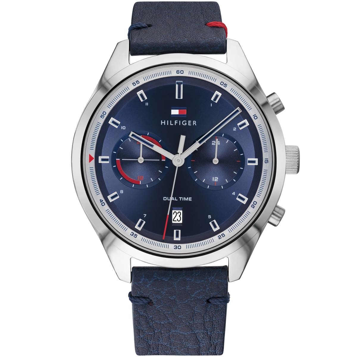 Tommy Hilfiger blue dial chronograph watch with stainless steel case and navy leather strap
