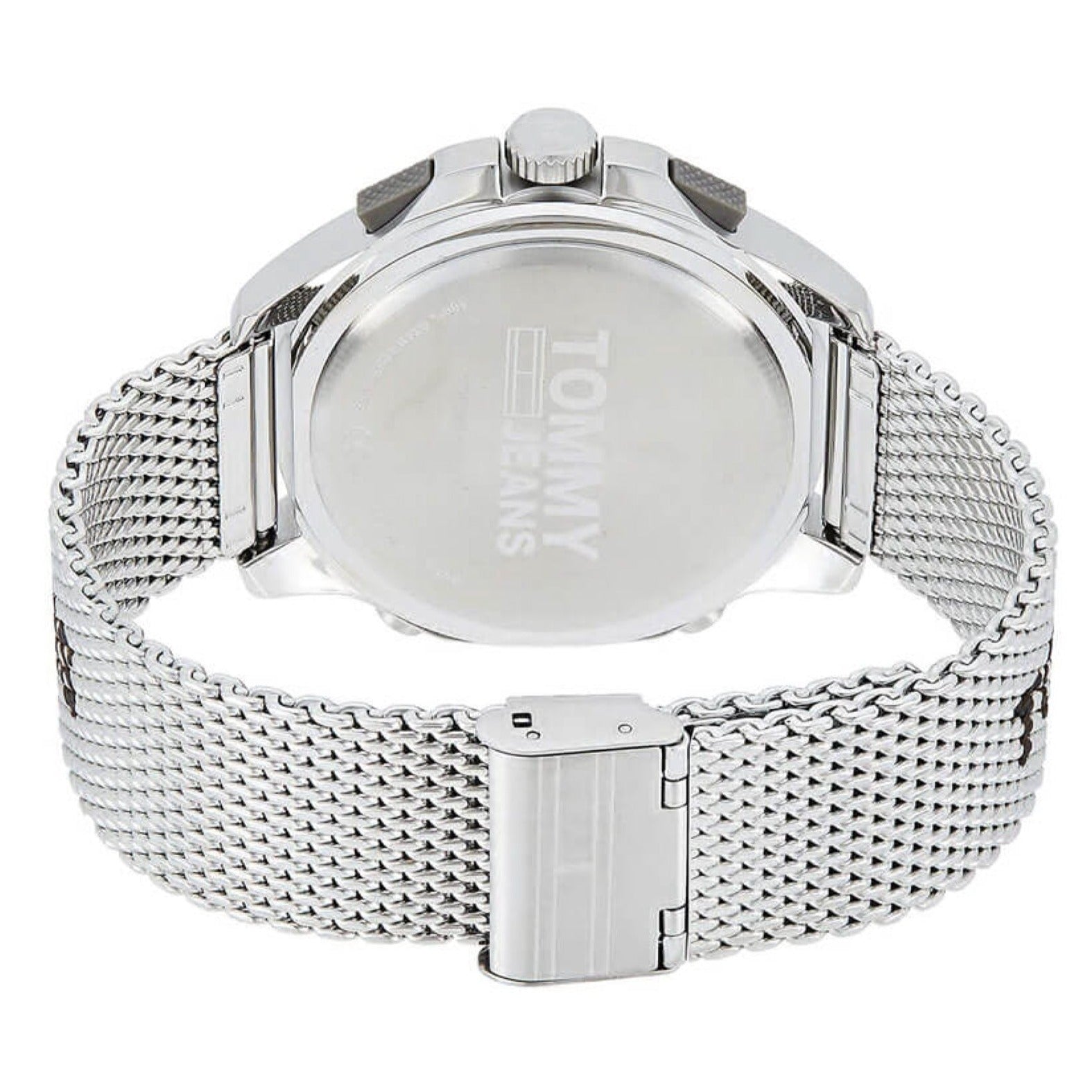 Tommy Hilfiger watch caseback showing silver stainless steel back with branding
