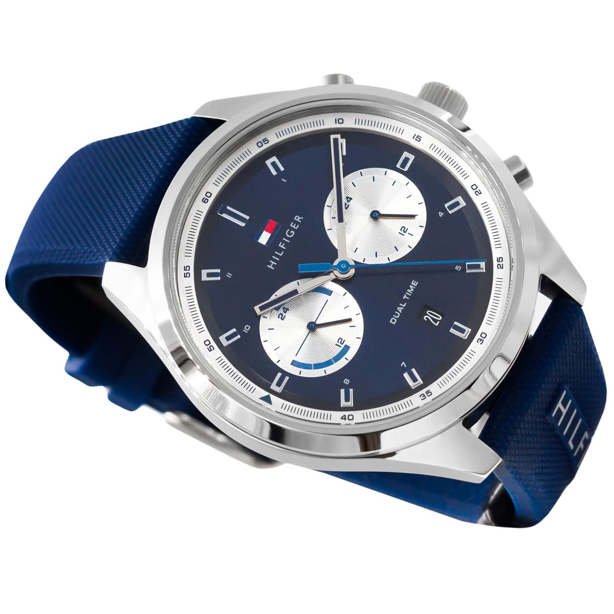 Three-quarter view of Tommy Hilfiger Bennett chronograph with blue dial and dual time subdials
