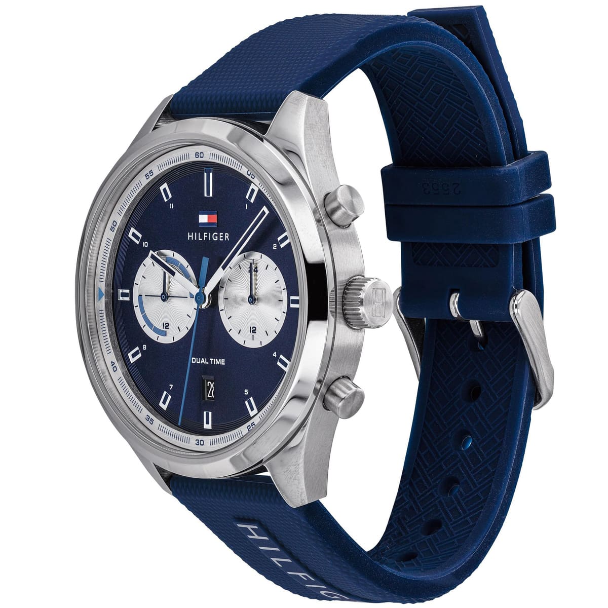 Side angle view of Tommy Hilfiger Bennett chronograph with blue dial and navy silicon strap