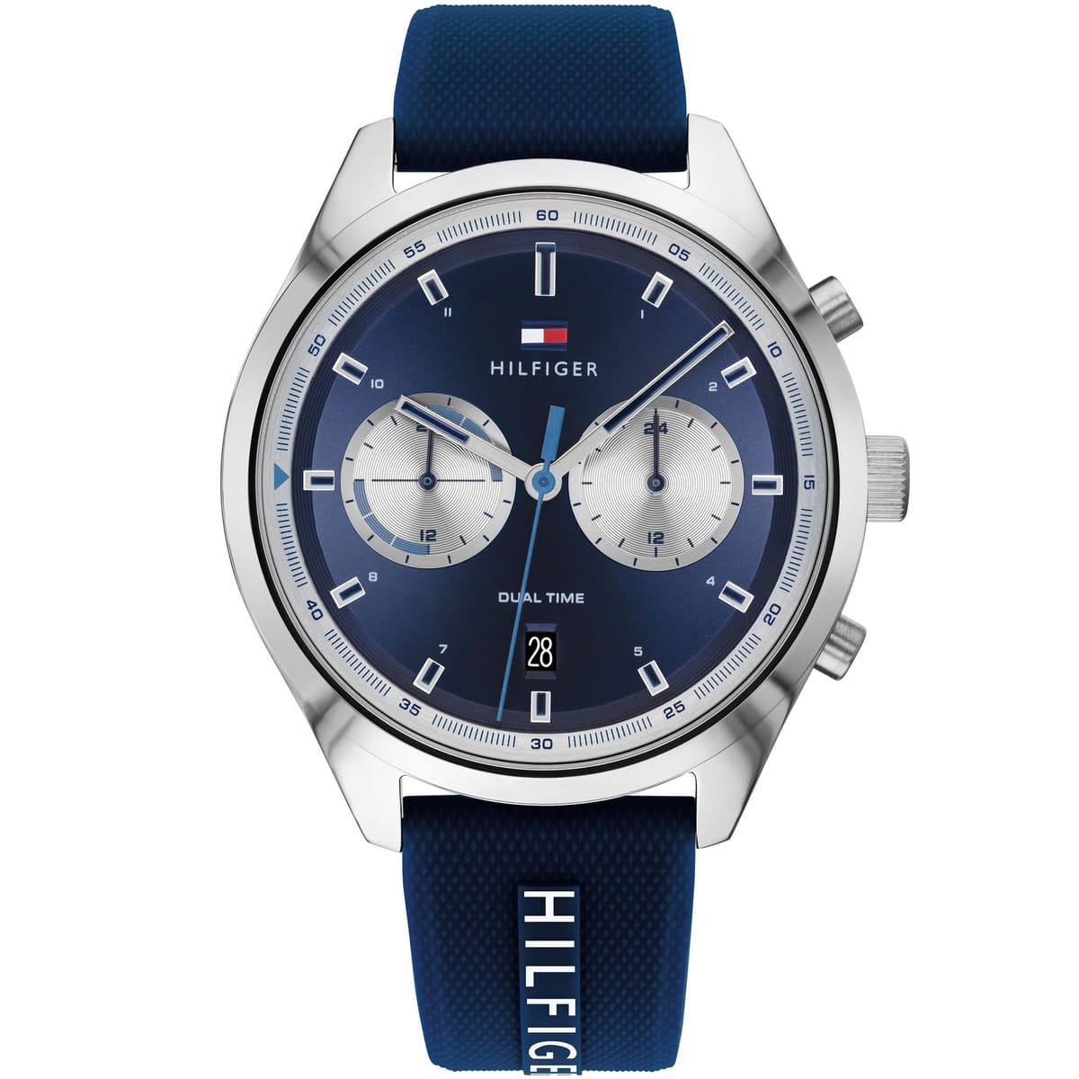 Tommy Hilfiger Bennett men's watch with blue dial, dual time subdials, stainless steel case, and blue silicon strap