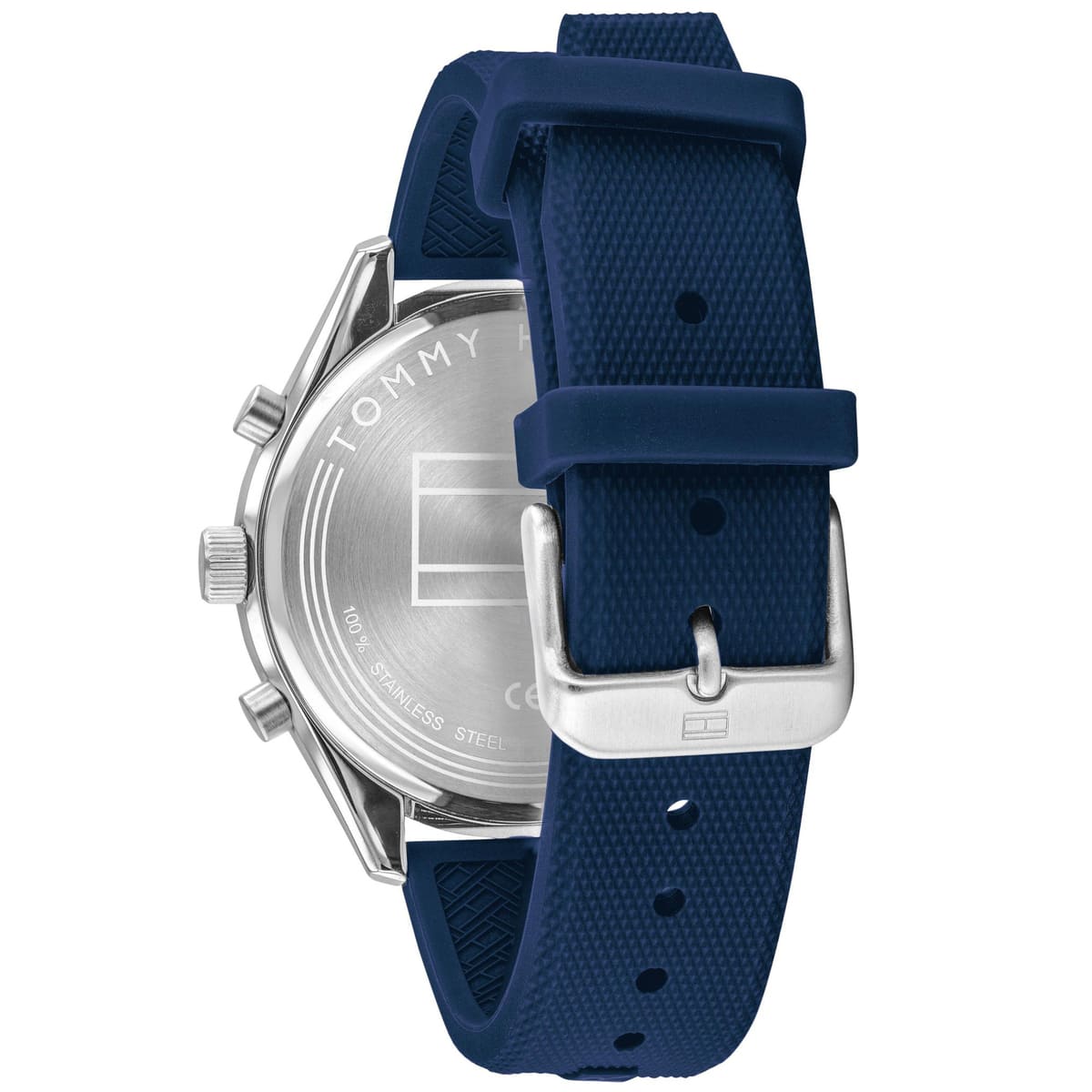 Close-up of navy silicon strap with Tommy Hilfiger branding and stainless steel buckle