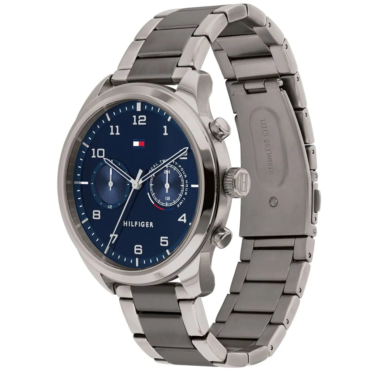 Tommy Hilfiger Patrick watch shown from angle displaying blue dial and gray metal bracelet