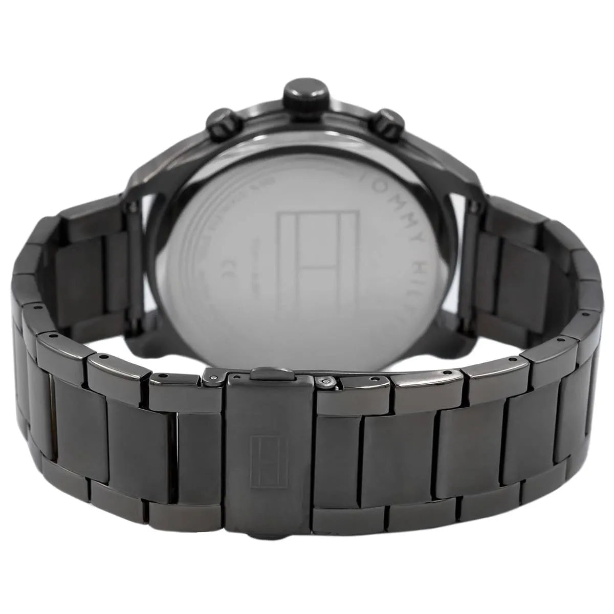 Tommy Hilfiger Patrick watch caseback showing stainless steel case back and gray bracelet