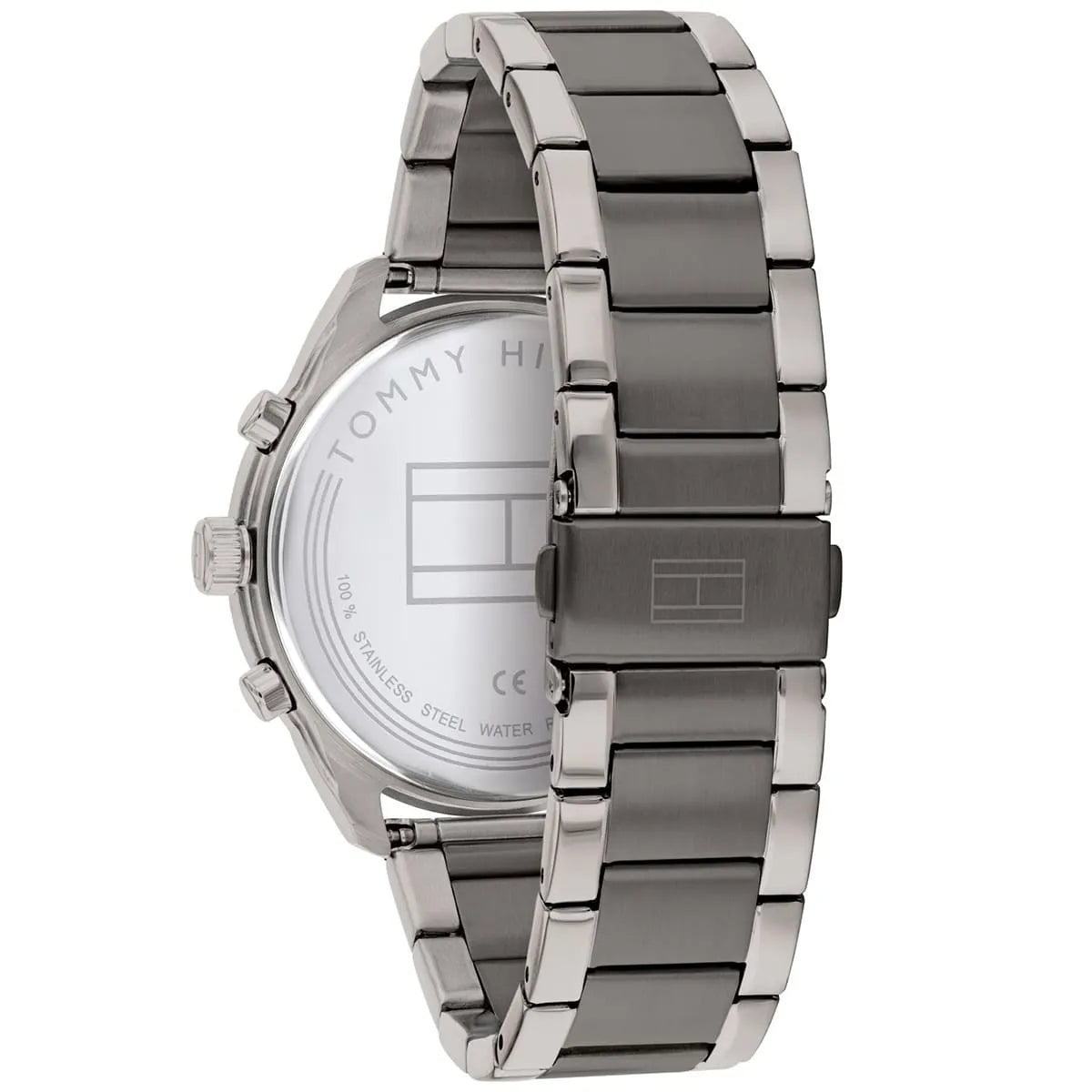 Tommy Hilfiger Patrick watch caseback and gray stainless steel bracelet detail