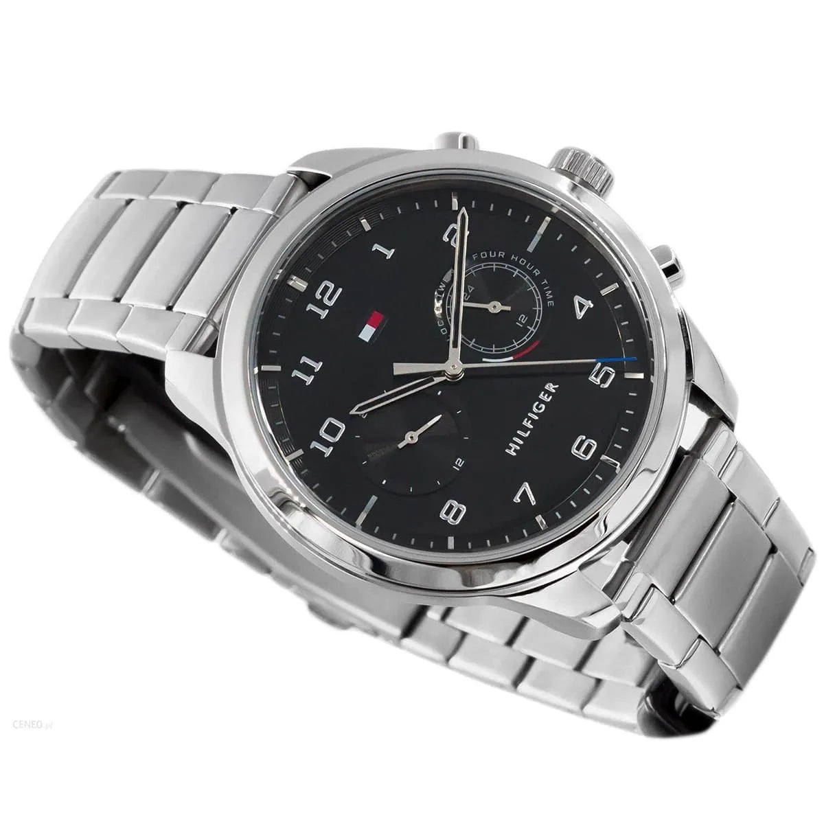 Tommy Hilfiger Patrick men's watch angled view of black dial with dual time and stainless steel case