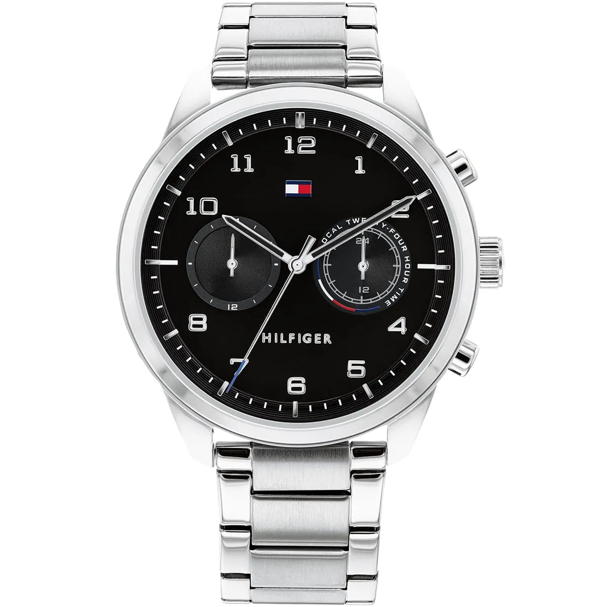 Tommy Hilfiger Patrick men's watch with black dial, dual time subdials, silver stainless steel case and bracelet