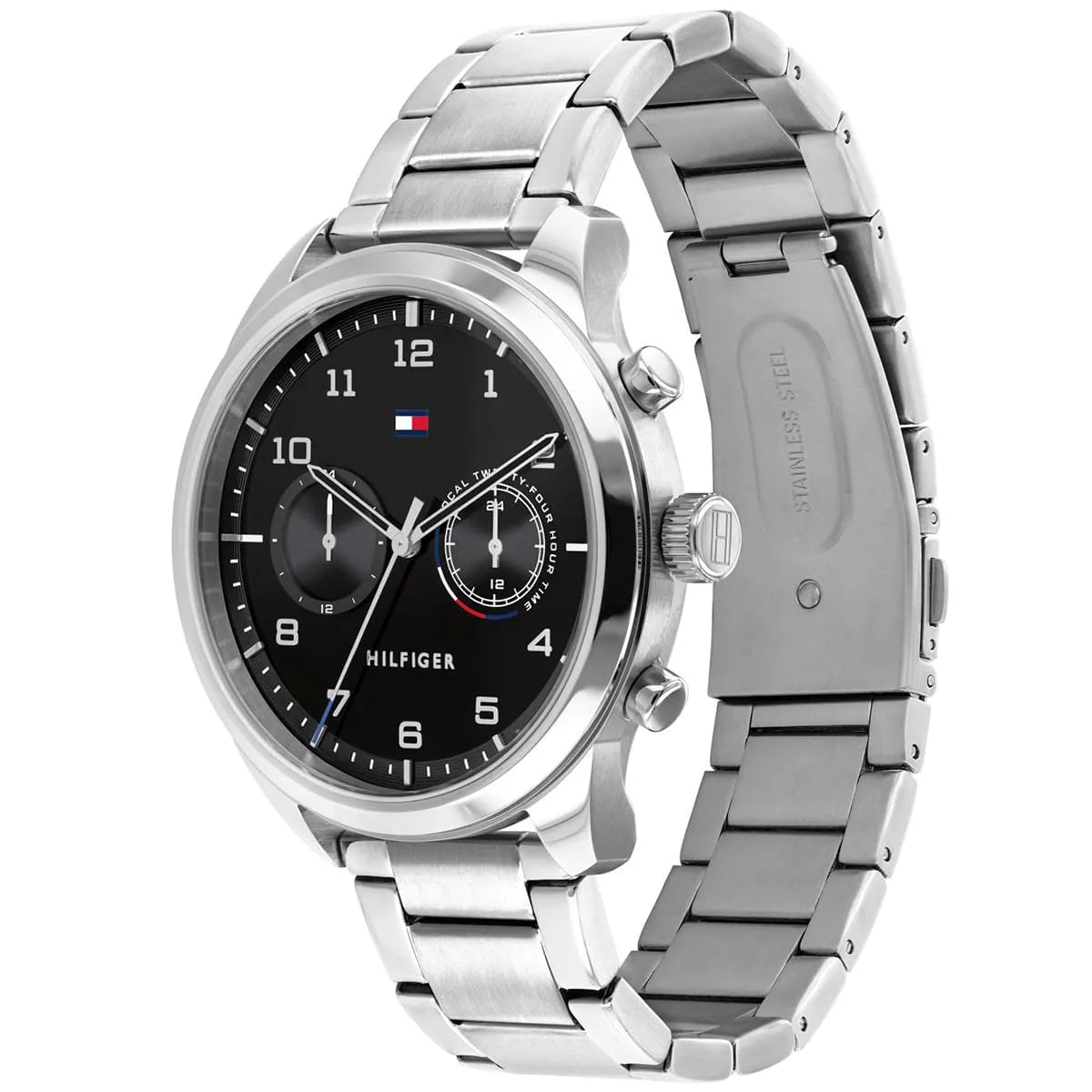 Tommy Hilfiger Patrick watch side view showing black dial and stainless steel bracelet profile