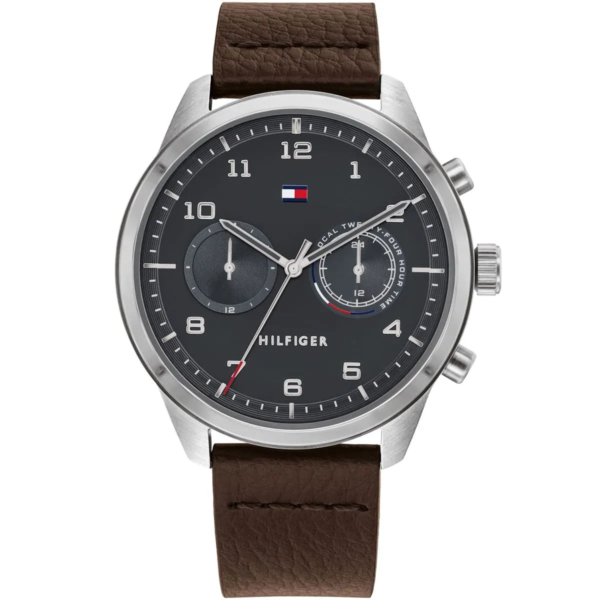 Tommy Hilfiger Patrick men's watch with grey dial, dual-time subdials, silver case and brown leather strap