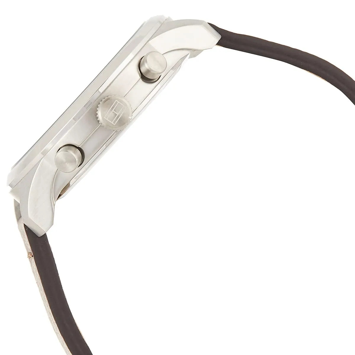 Tommy Hilfiger Patrick watch side profile showing chronograph pushers, silver case and brown strap