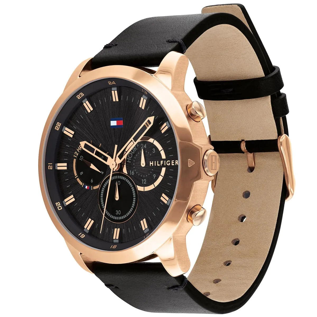 Tommy Hilfiger Jameson watch with black leather strap showing rose gold case and dial