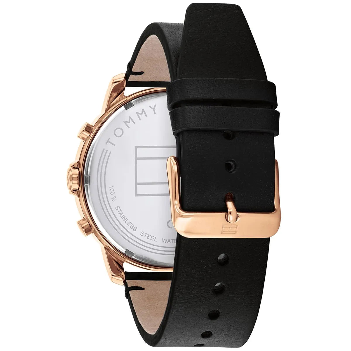 Tommy Hilfiger Jameson watch caseback with steel case detail and black leather strap