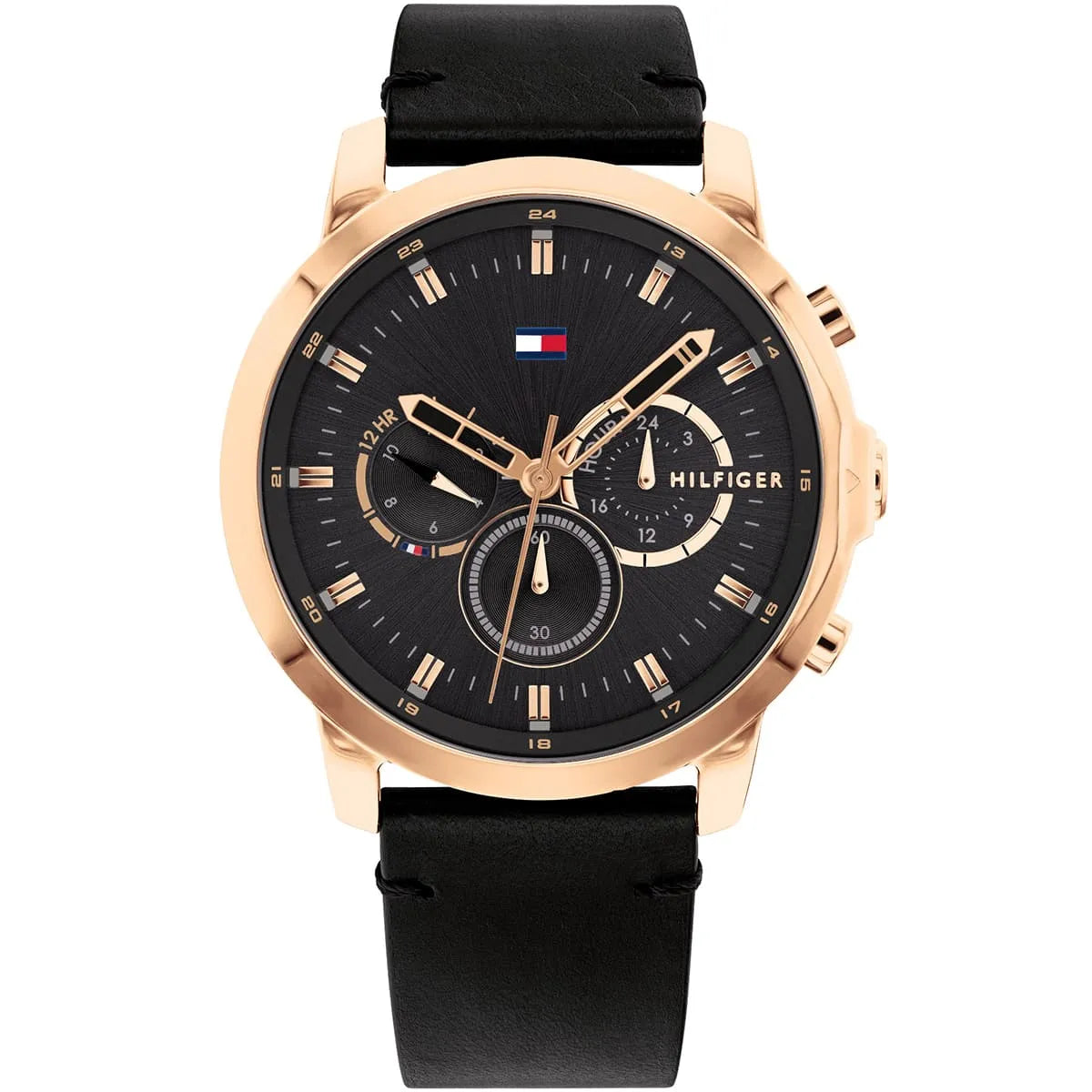 Tommy Hilfiger Jameson chronograph watch with black dial and rose gold case