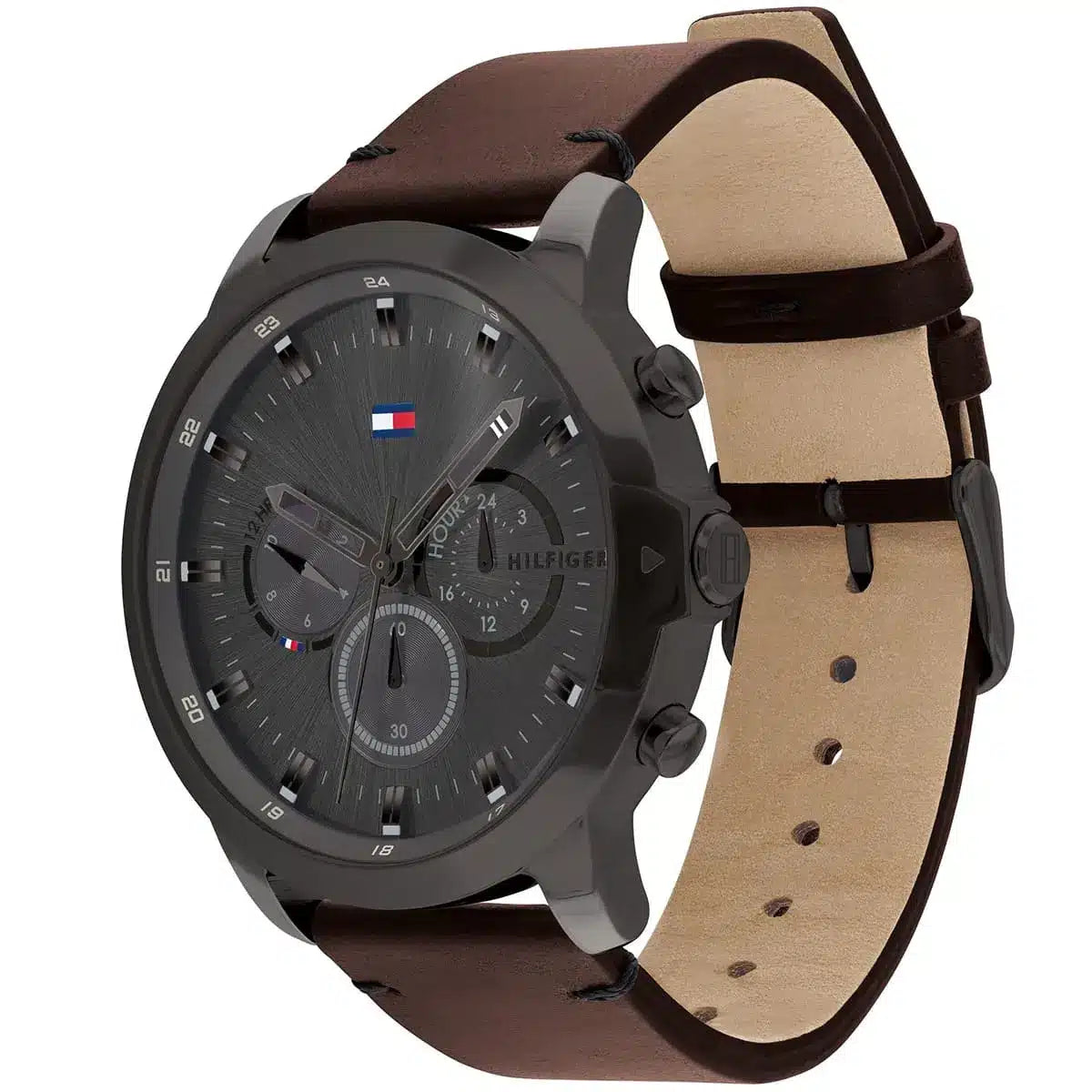 Tommy Hilfiger 1791799 watch displayed at angle showing brown leather strap with light backing