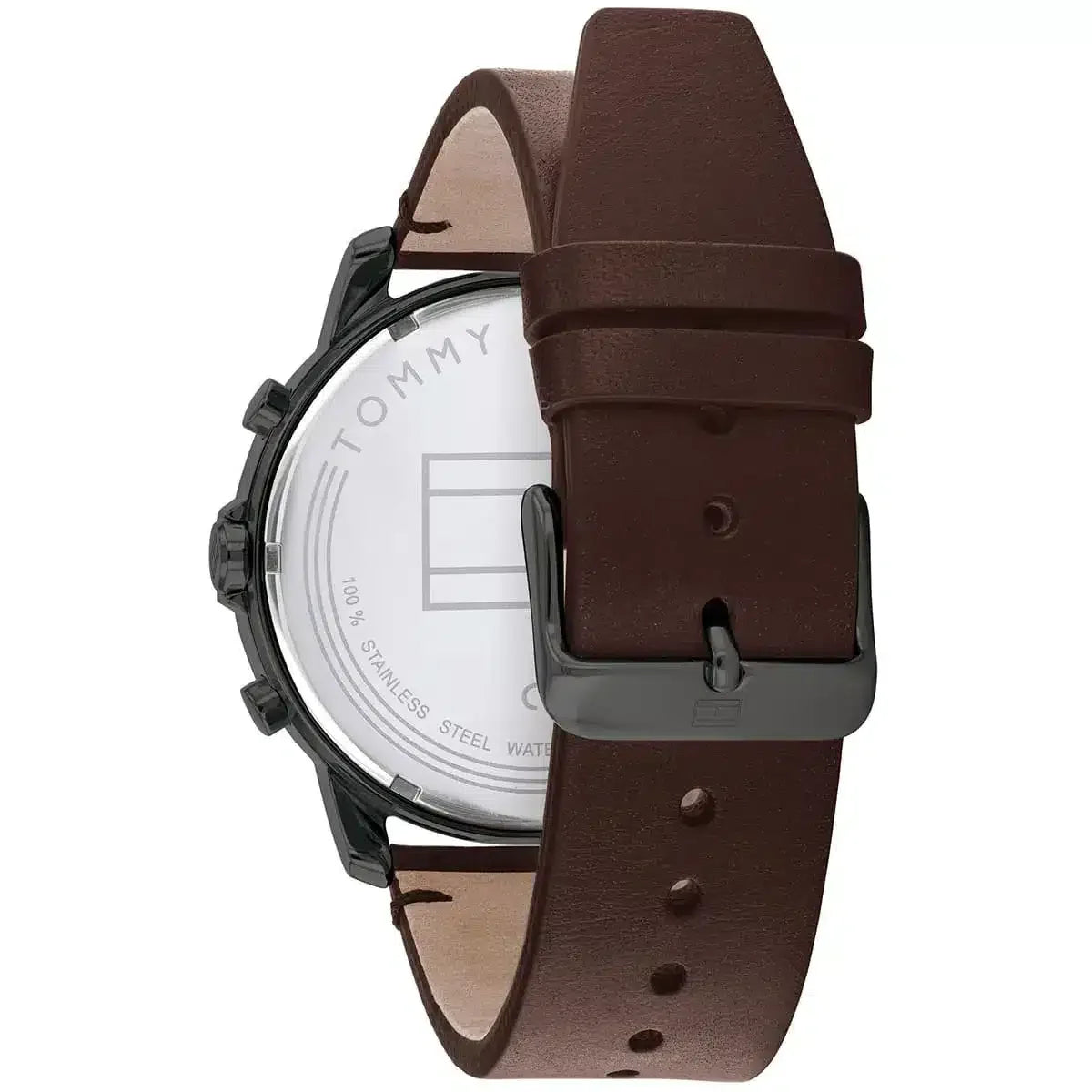 Tommy Hilfiger 1791799 watch caseback showing stainless steel case with Tommy Hilfiger branding