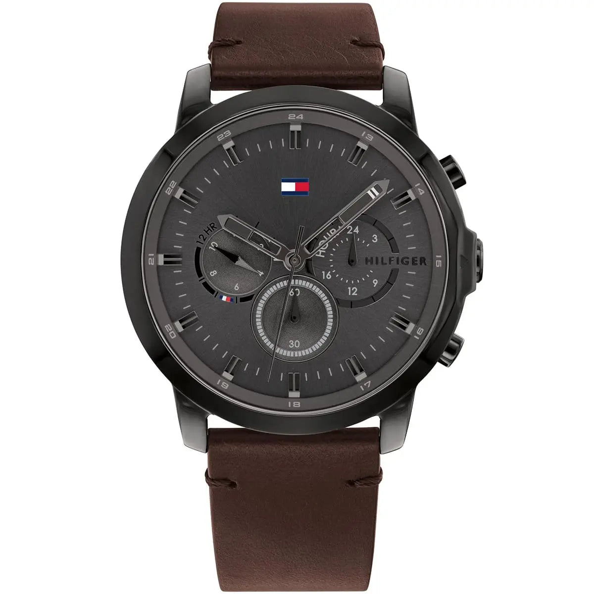 Tommy Hilfiger Men's Watch 1791799 with gray dial, black case, and brown leather strap