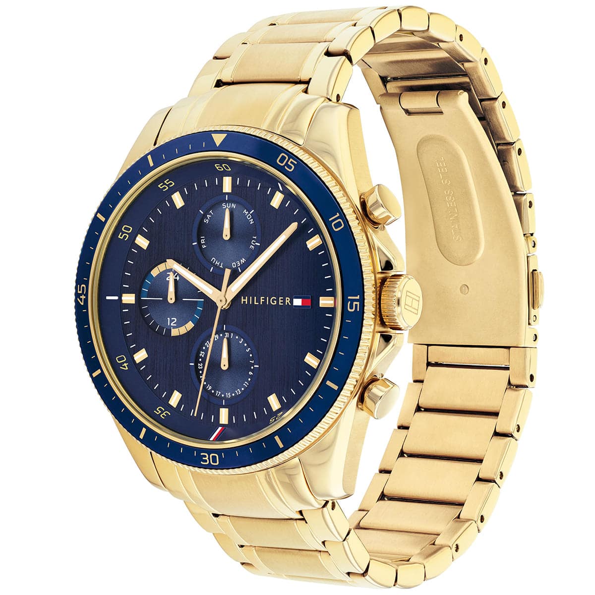 Tommy Hilfiger chronograph watch angled view showing blue dial and gold metal bracelet strap