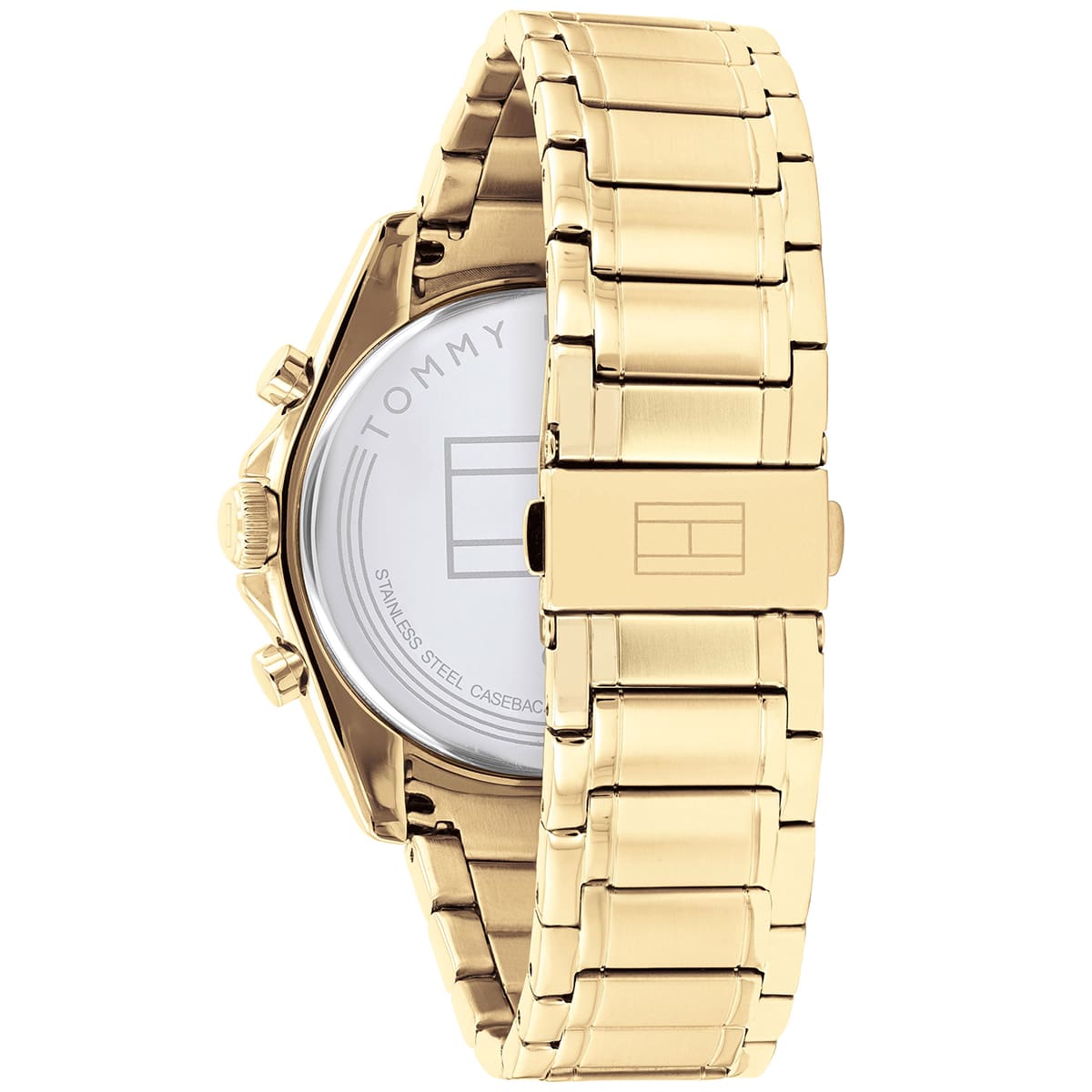 Tommy Hilfiger watch caseback revealing stainless steel case with engraved details
