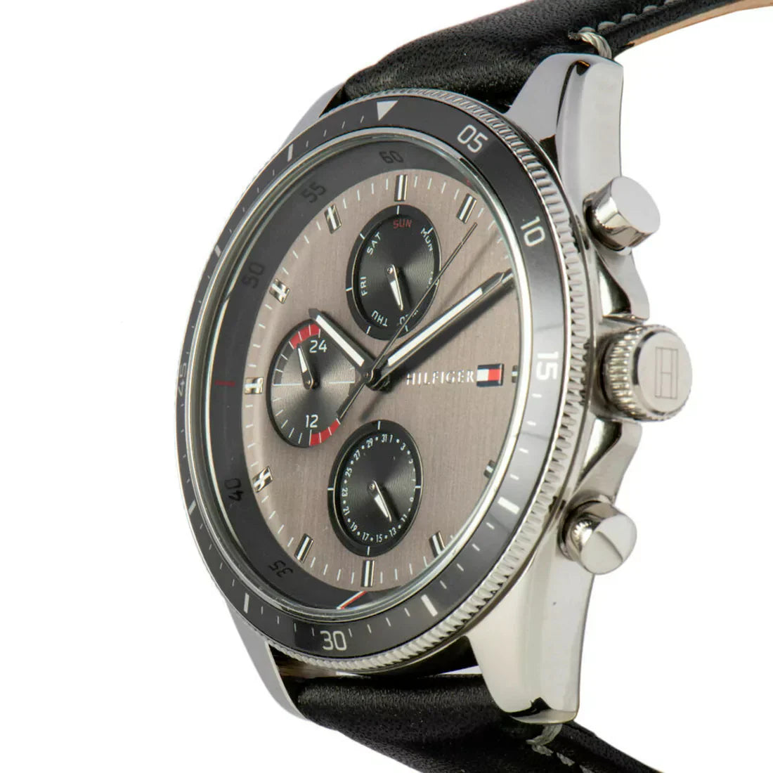 Angled view of Tommy Hilfiger Parker chronograph with grey dial and chronograph subdials