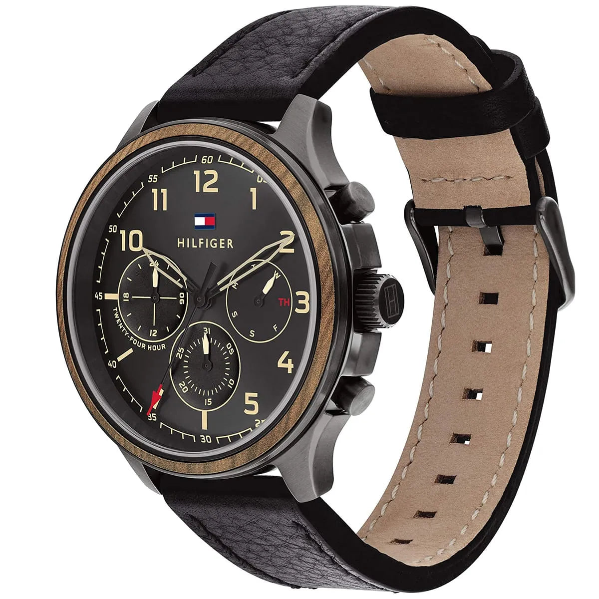 Tommy Hilfiger Asher chronograph watch shown at angle with black leather strap and tan leather interior visible