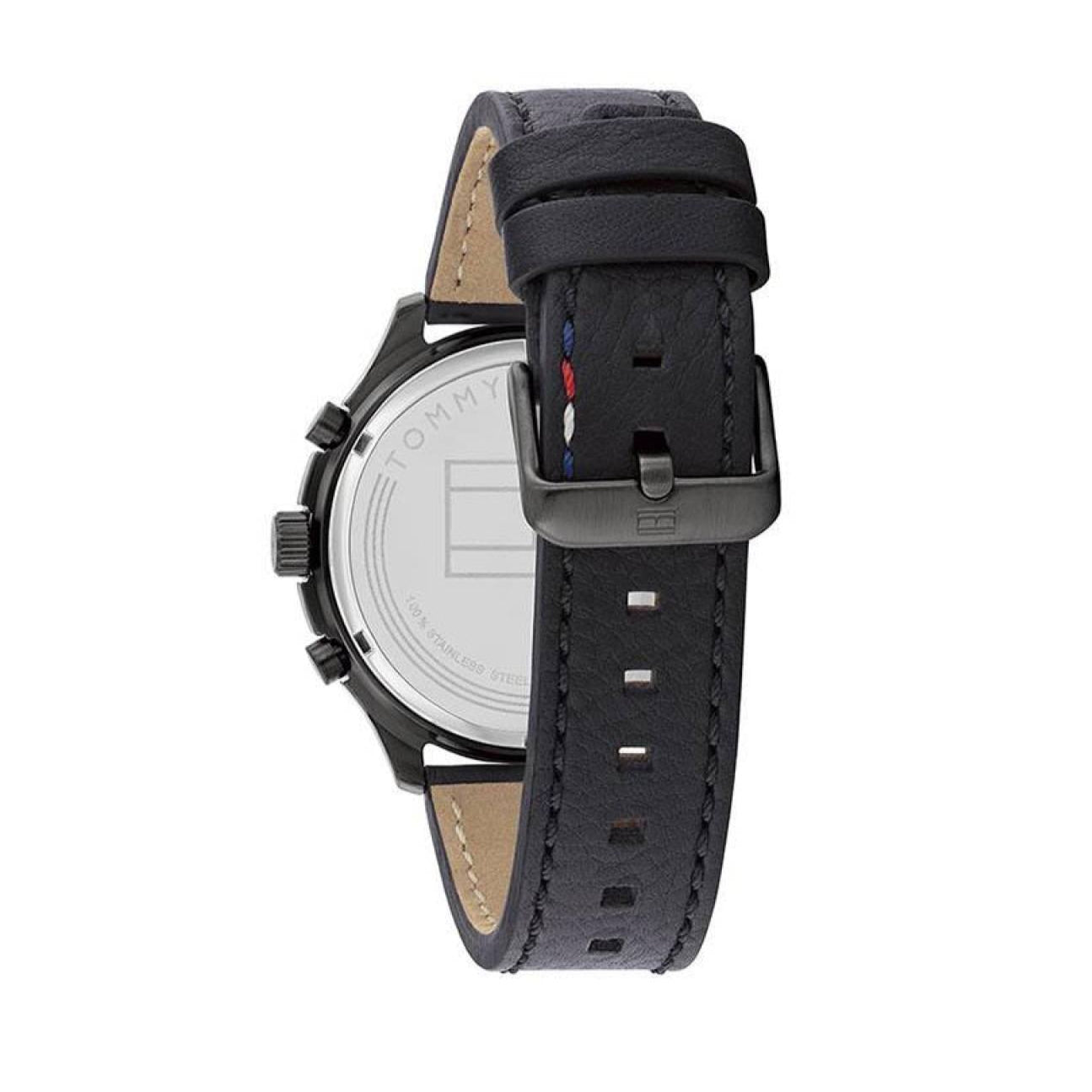 Tommy Hilfiger Asher chronograph watch shown from side profile with black leather strap