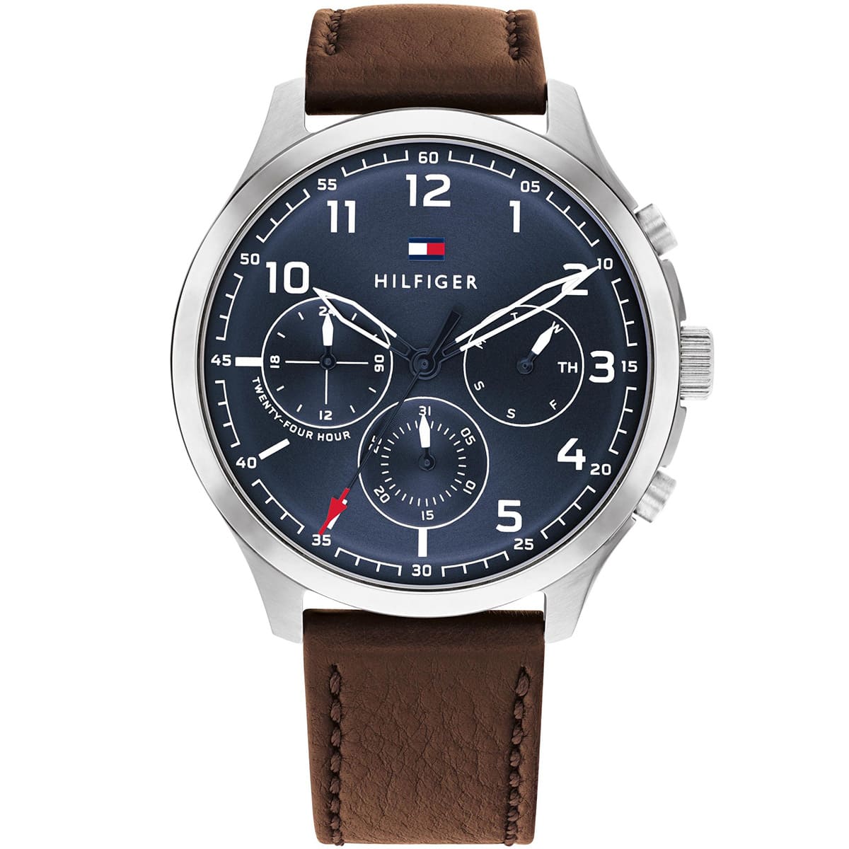 Tommy Hilfiger ASHER 44mm watch with navy blue dial, chronograph subdials, and brown leather strap