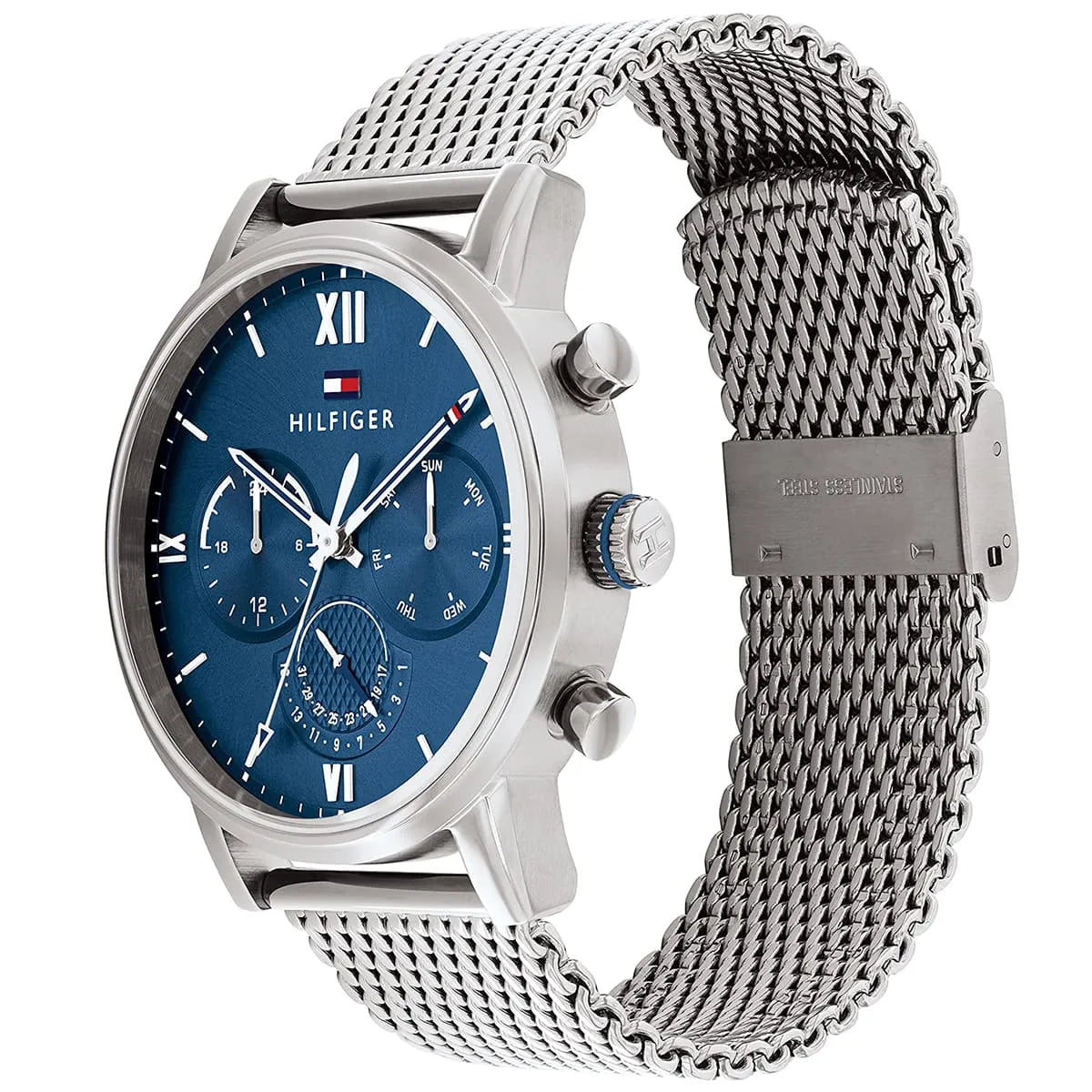Tommy Hilfiger men's watch angled view showing silver mesh band and blue chronograph dial