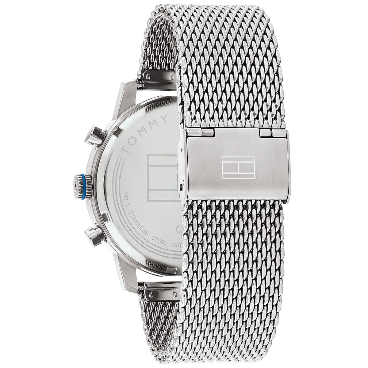Tommy Hilfiger watch caseback with stainless steel mesh band and chronograph pushers visible