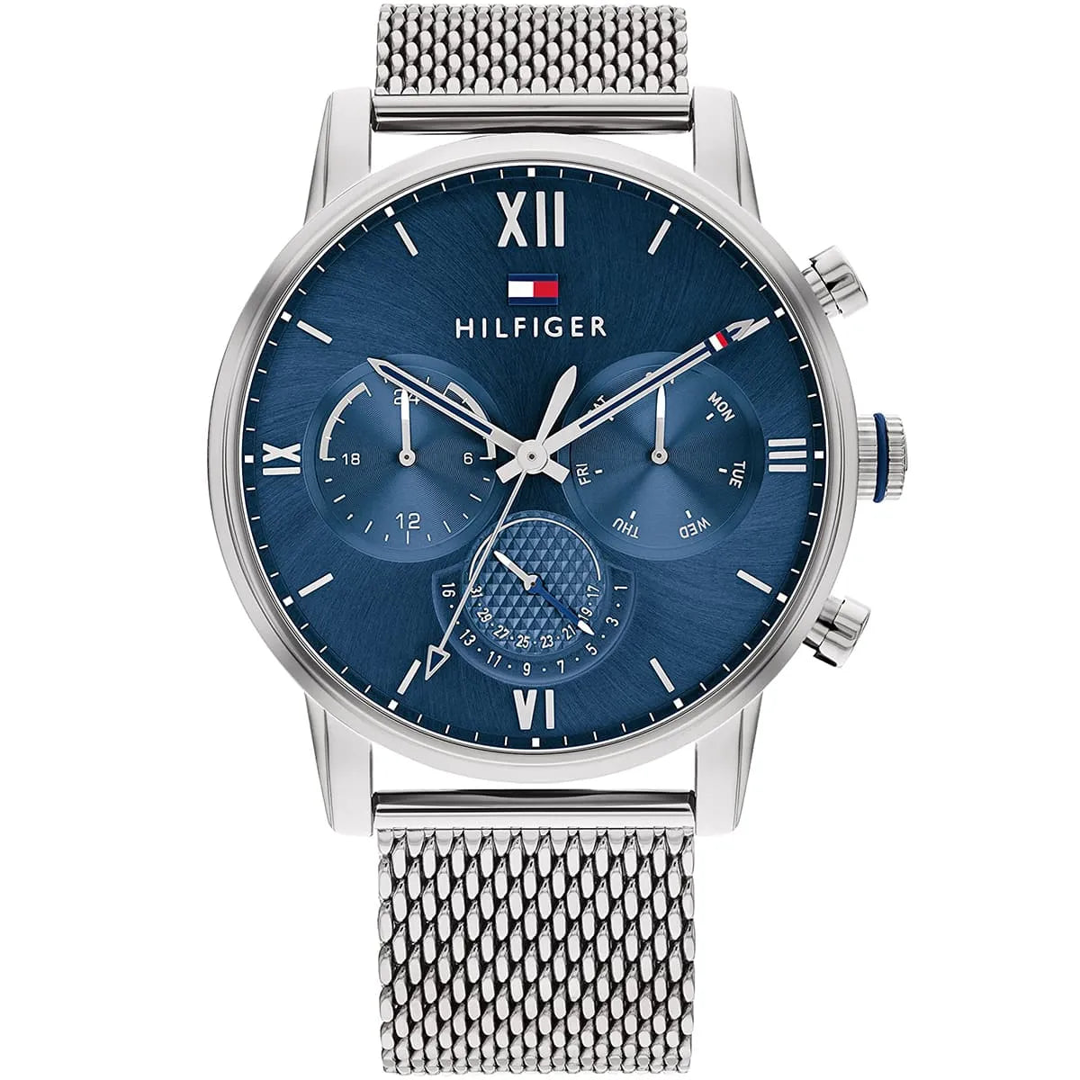 Tommy Hilfiger silver mesh watch with blue dial and chronograph subdials, Roman numerals