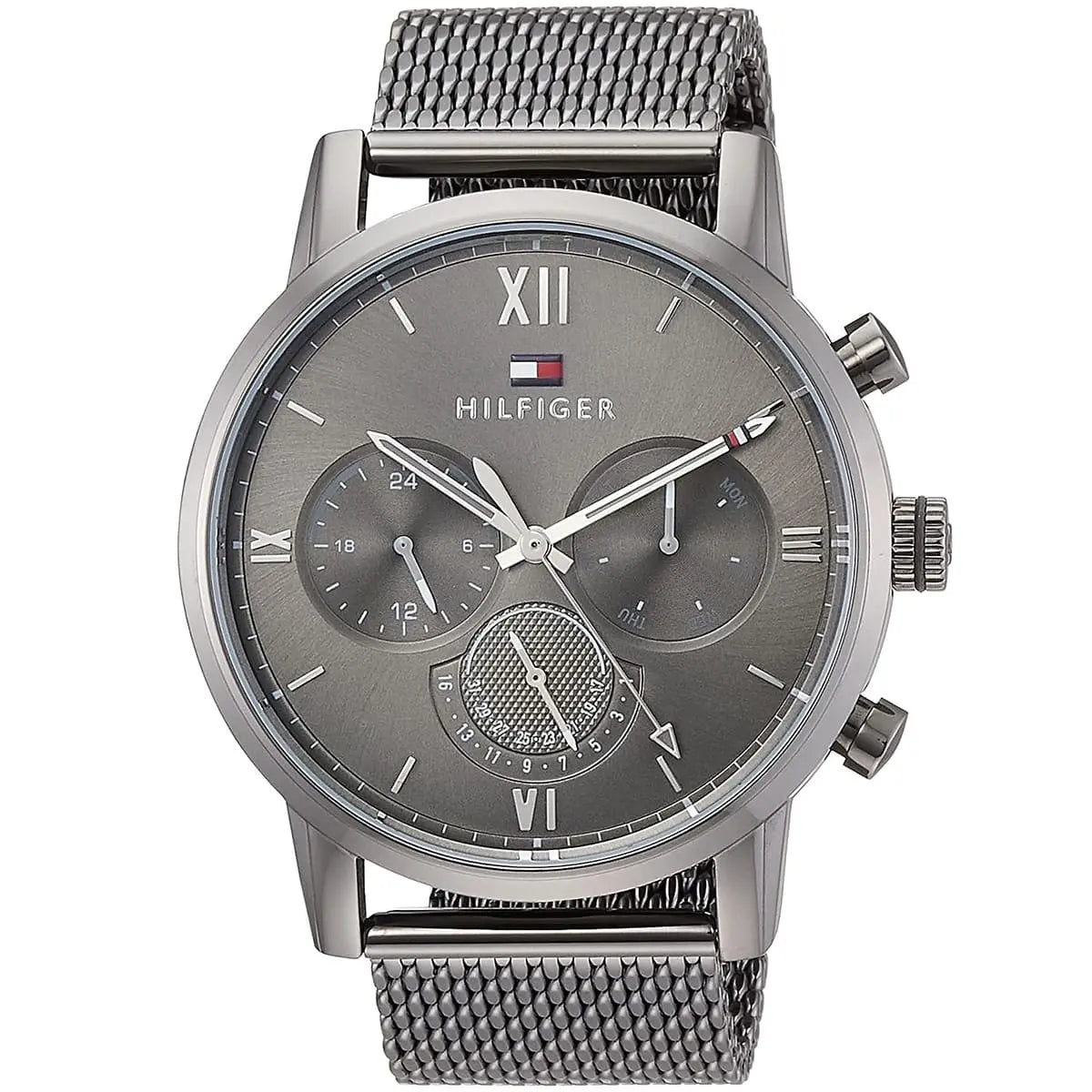 Angled view of Tommy Hilfiger grey chronograph watch with grey mesh band and dial detail