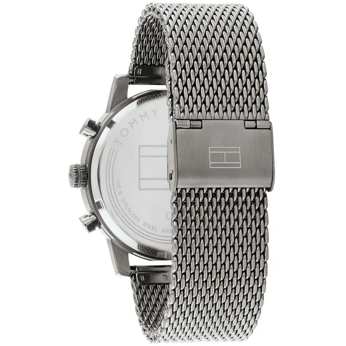 Case back of Tommy Hilfiger watch with stainless steel mesh bracelet