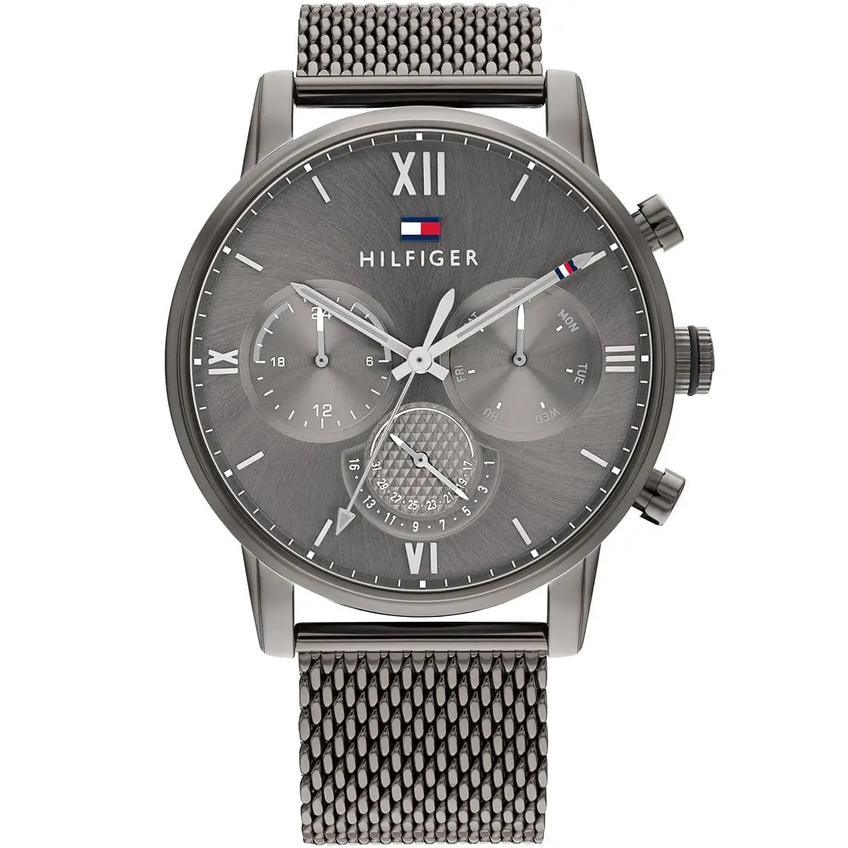Tommy Hilfiger grey dial chronograph watch with stainless steel case and mesh strap