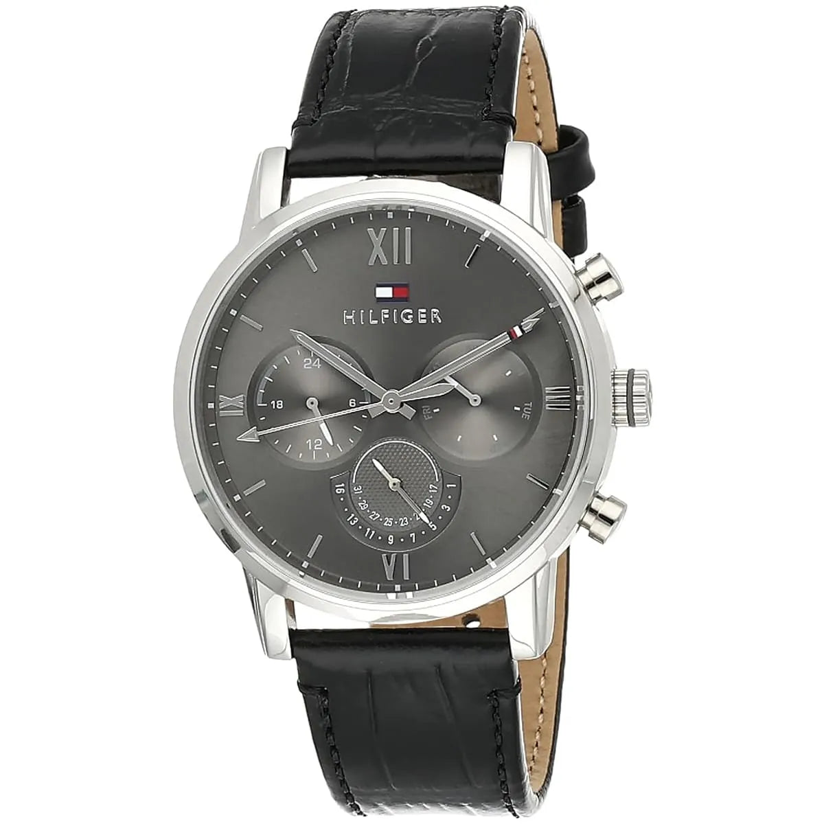 Tommy Hilfiger 1791883 watch three-quarter view showing stainless steel case and leather strap