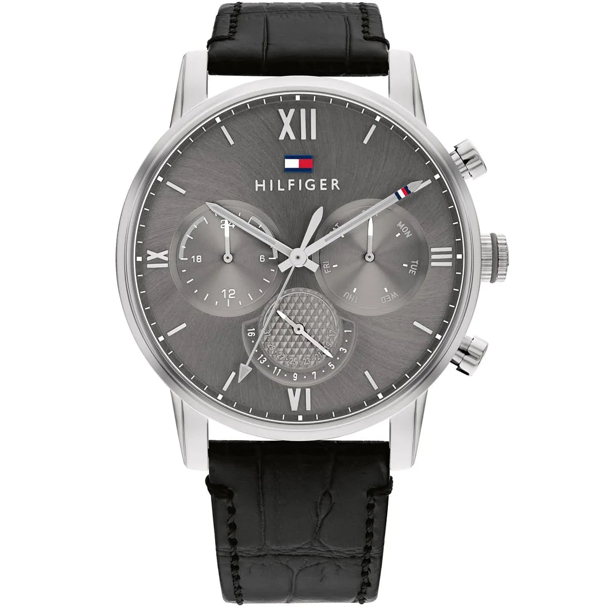 Tommy Hilfiger men's chronograph watch with grey dial and black leather strap
