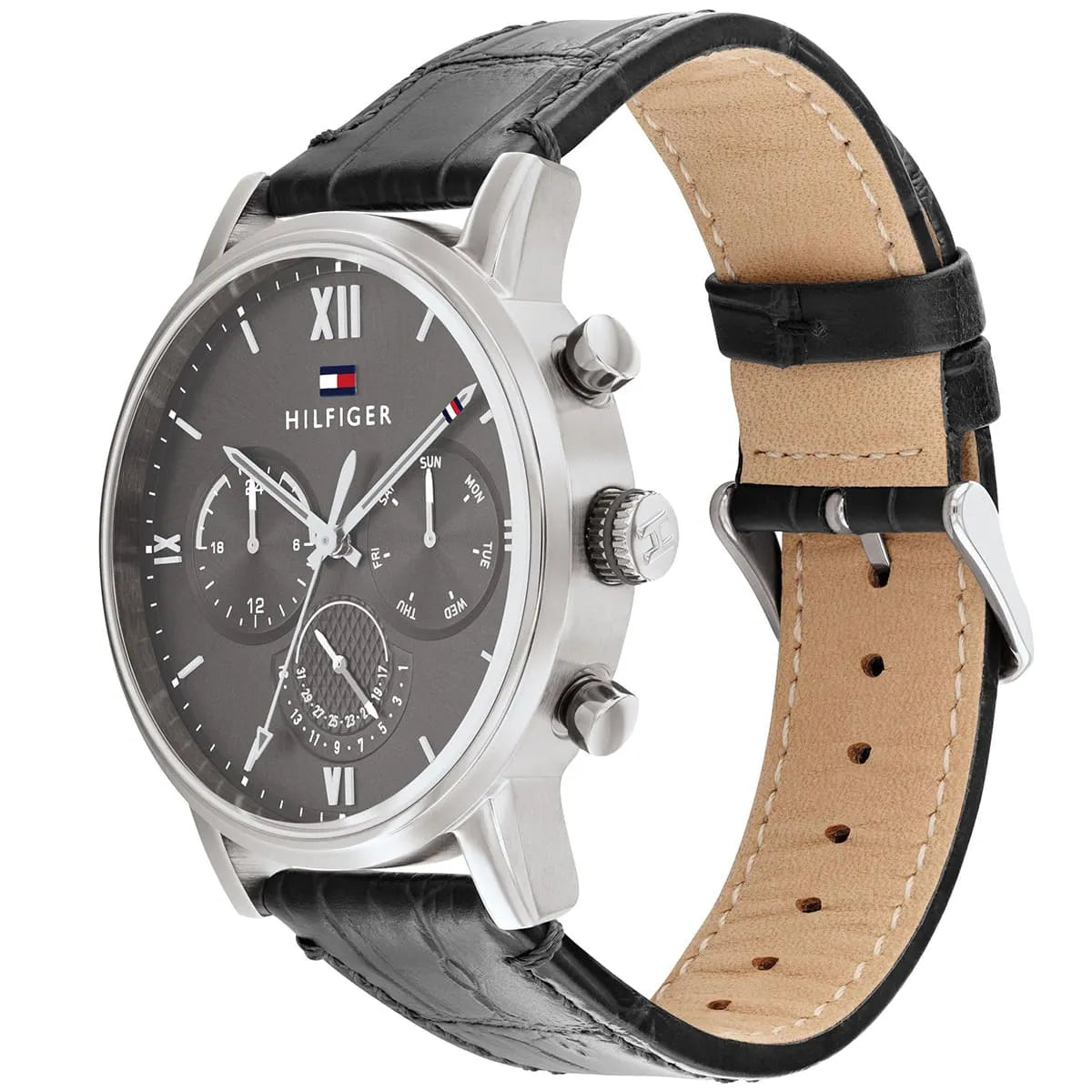 Side view of Tommy Hilfiger 1791883 displaying black leather strap with tan lining