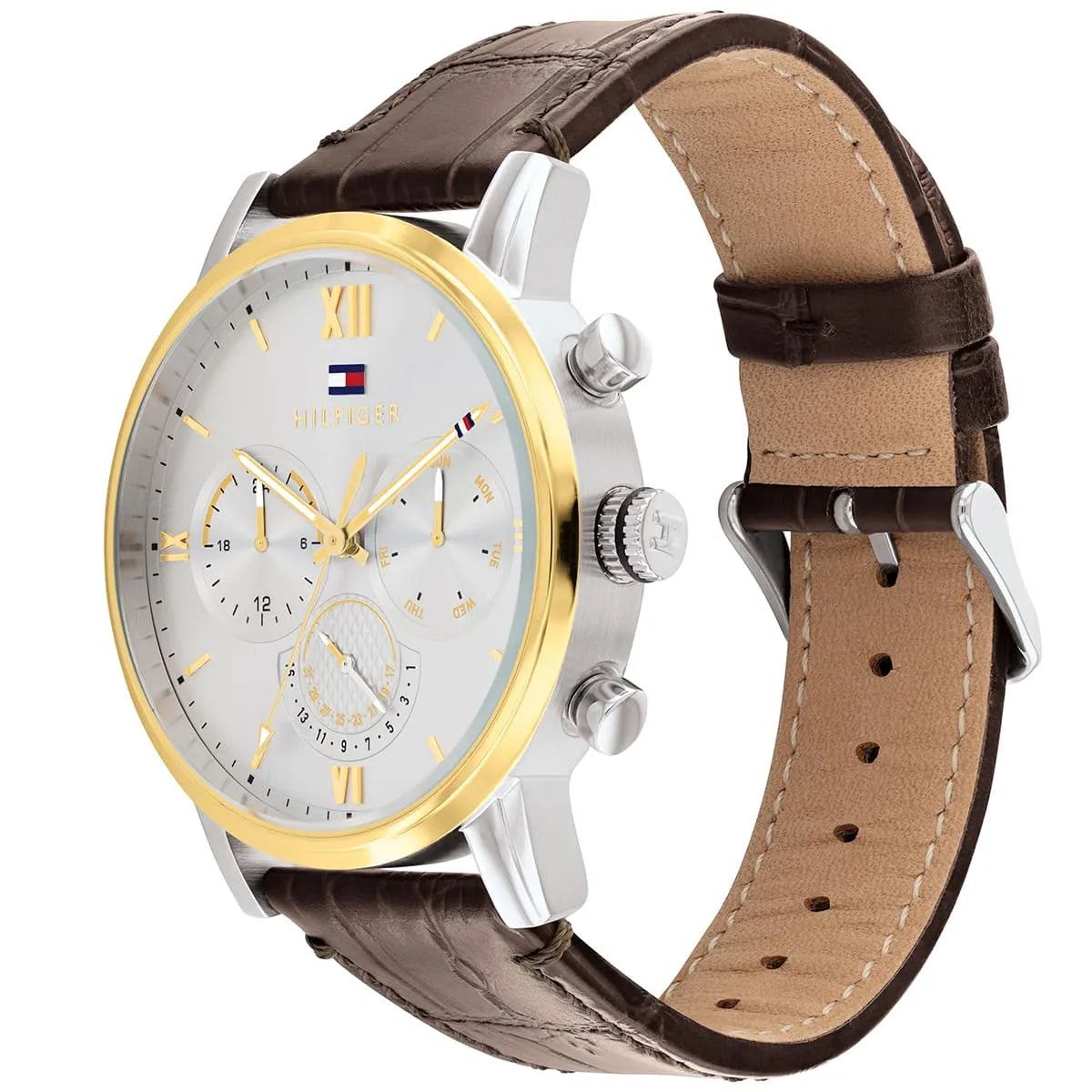 Tommy Hilfiger Multifunction Silver Round Dial Brown Leather Strap Watch For Men - 1791884