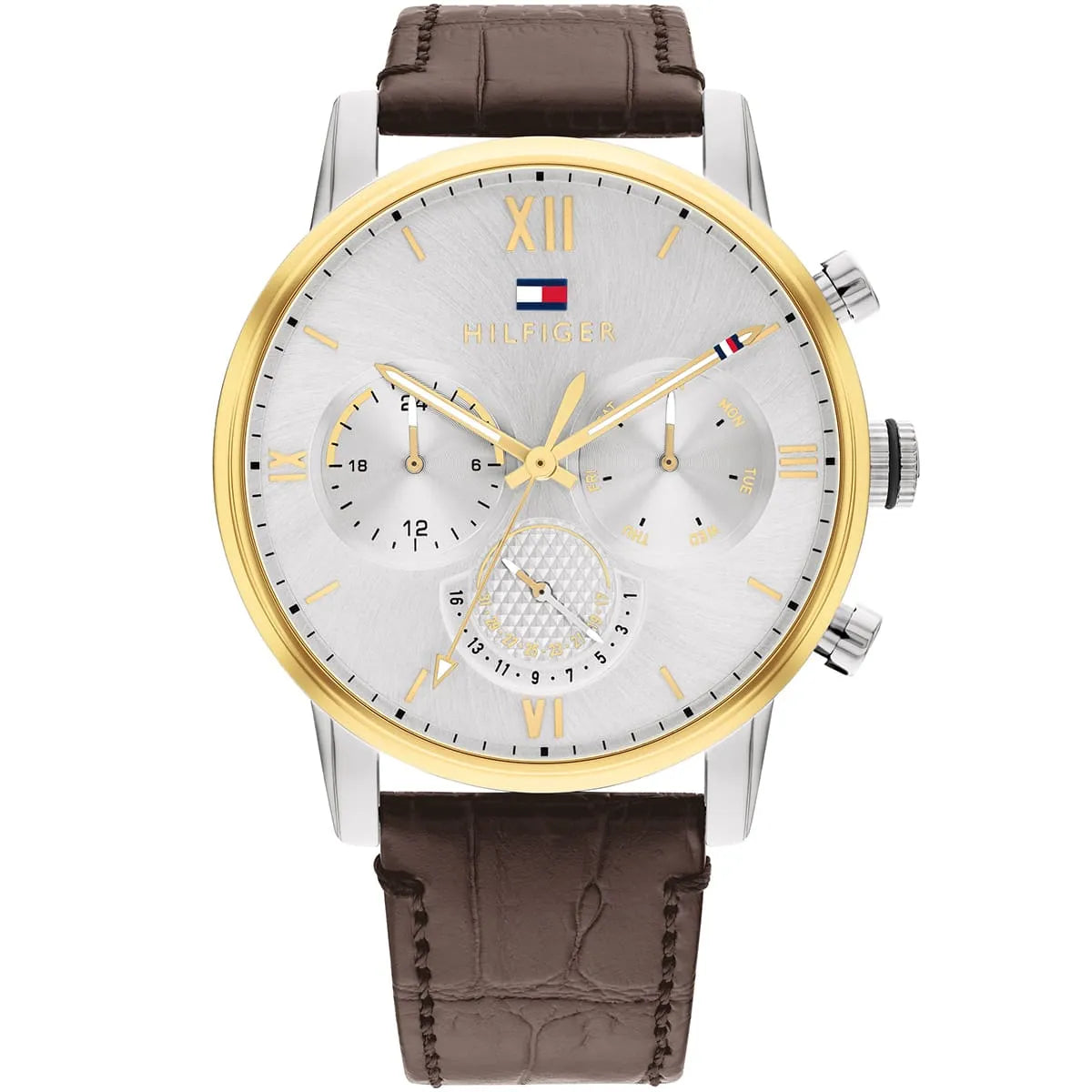 Tommy Hilfiger Sullivan multifunction watch with silver dial, gold bezel, and brown leather strap