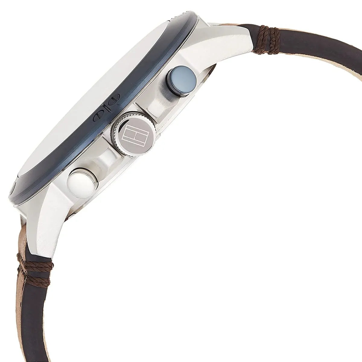 Tommy Hilfiger Harley watch side view showing white case and chronograph pushers with brown strap