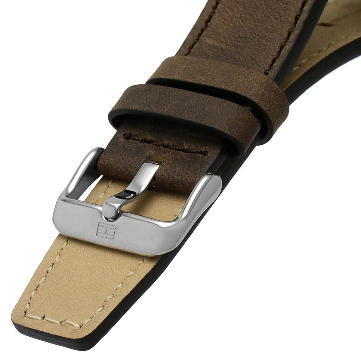 Tommy Hilfiger Harley watch strap closeup showing brown leather and metal buckle fastening