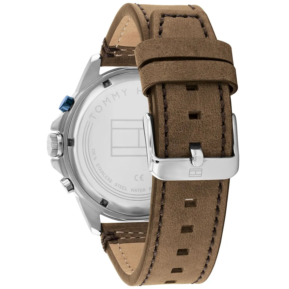 Tommy Hilfiger Harley brown leather strap with white metal buckle and stitching detail