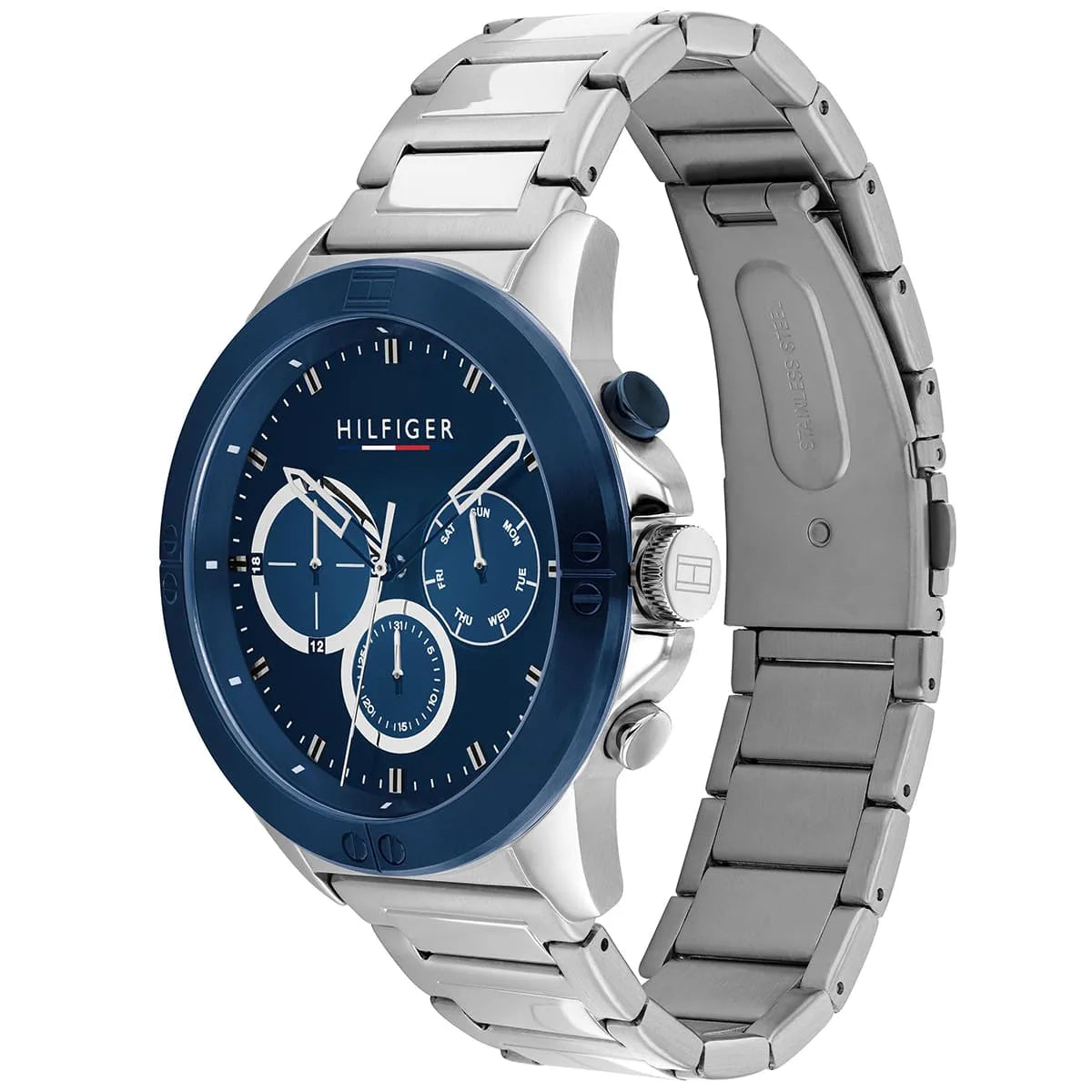 Tommy Hilfiger Harley chronograph watch angled view showing stainless steel strap