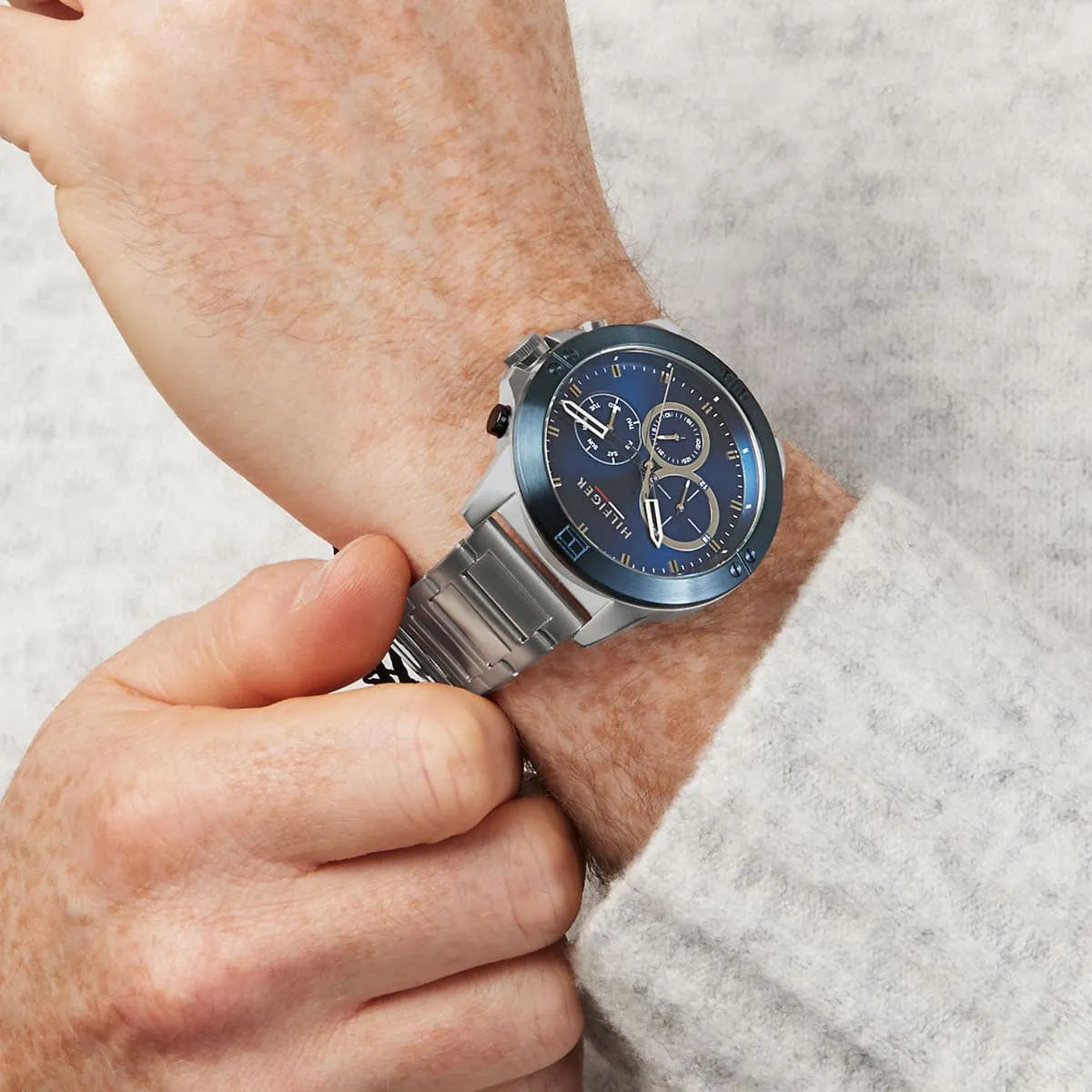 Tommy Hilfiger Harley chronograph watch on wrist showing full dial and bracelet