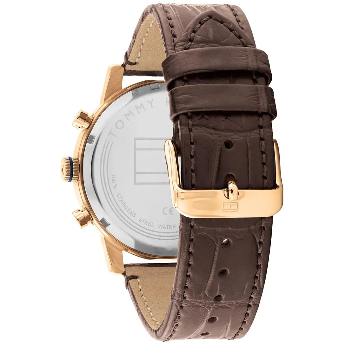 Caseback view of Tommy Hilfiger watch with rose gold case back and brown leather strap