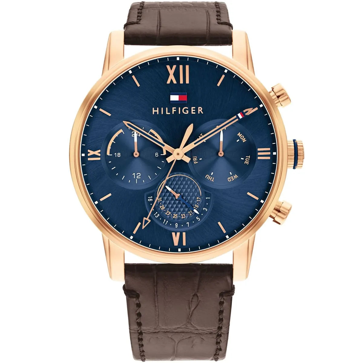 Tommy Hilfiger men's watch with navy blue dial, rose gold case, brown leather strap, and chronograph subdials