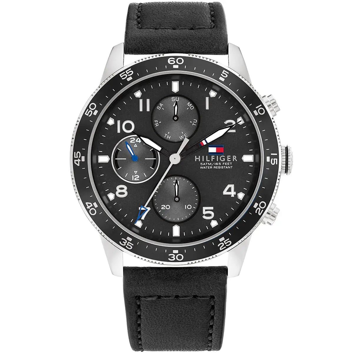 Tommy Hilfiger Jimmy men's chronograph watch with black dial and black leather strap