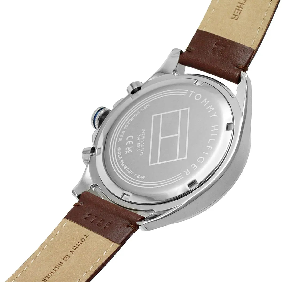 Tommy Hilfiger Owen watch caseback showing metal back and strap