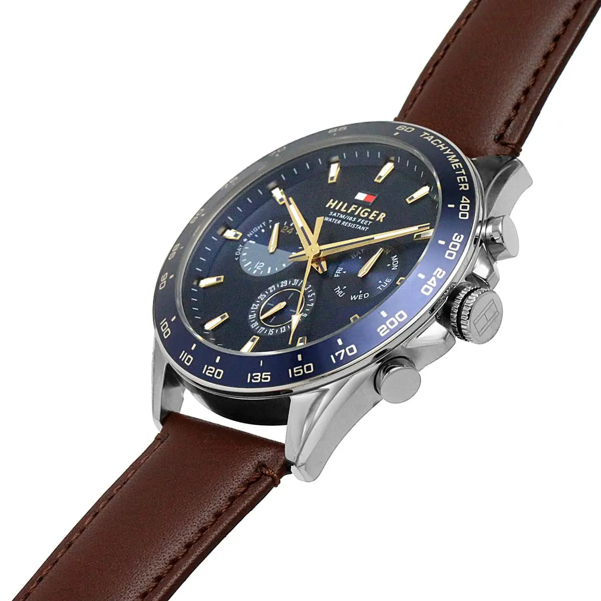 Tommy Hilfiger Owen chronograph watch with tachymeter bezel and brown strap